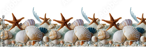 Abstract marine border with isolated underwater object. Isolated seashells and seastars on transparent background. Seamless repeat pattern. Digital art
