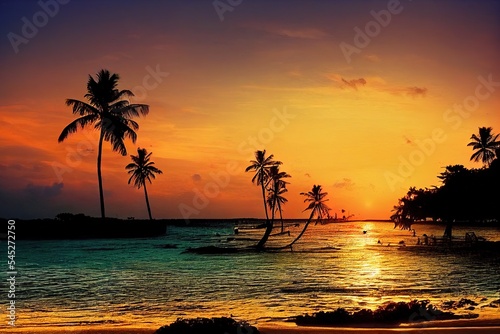 Beautiful bright sunset on a tropical paradise beach