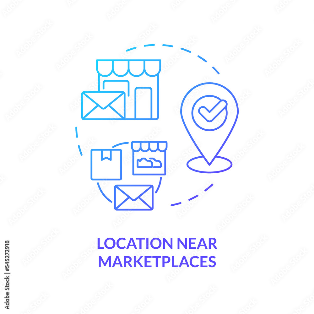 Location near marketplaces blue gradient concept icon. Place of parcels
