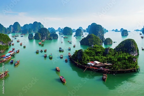 Aerial view Vung Vieng floating fishing village and rock island, Halong Bay, Vietnam, Southeast Asia. UNESCO World Heritage Site. Junk boat cruise to Ha Long Bay. Famous destination of Vietnam photo