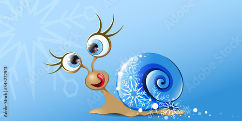 Funny cartoon licking snail girl with snowflake pattern and blue shell. 