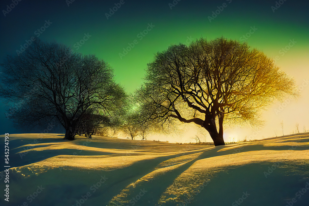 Fototapeta premium A barren tree stands alone in a winter landscape, giving hope for the rebirth of life in the spring. 3D illustration.