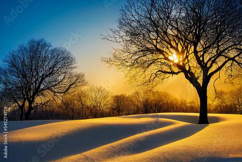 A solitary tree stands in the snow and cold of winter, its warm landscape providing strength and power to life during this difficult time of year. 3D illustration.