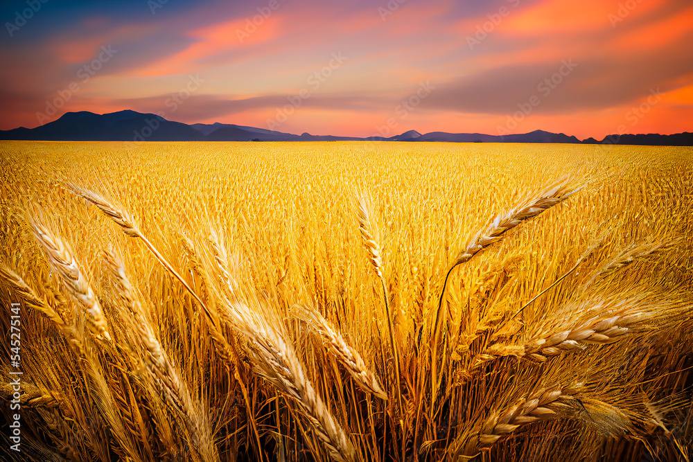 Landscape of a wheat field in the middle of summer, with yellow ears. Organic agriculture gives confidence to the consumer and makes him want to consume wheat flour.