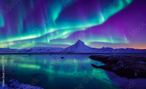 Aurora borealis landscape in the far north and the polar night. Beautiful green gleams of the atmospheric luminous phenomenon characterized by extremely colored veils. Reflection in the water. © XaMaps