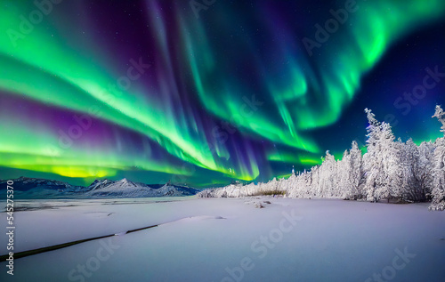 The beautiful green aurora borealis can be seen in the far north and during polar night, when the atmosphere shines with extremelycolored veils. 3D illustration.