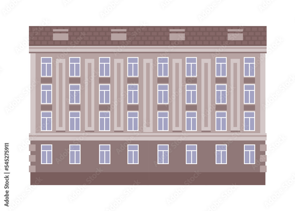 Apartment building. Urban retro style, multiple floors. Facade of the house, front view. European style. Template for architecture design. Flat vector illustration isolated on white background