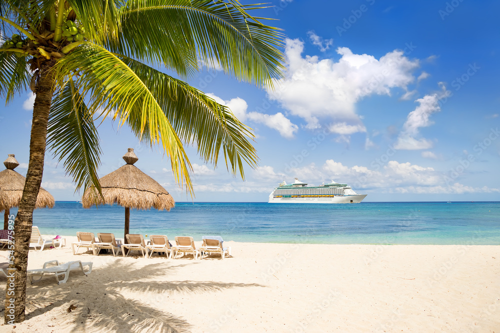 View from tropical beach on cruise ship sailing from port 