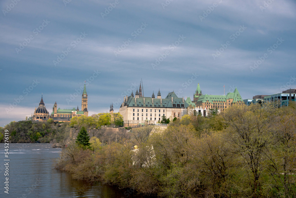 view from Portage Bridge Ottawa/Gatineau border of government buildings