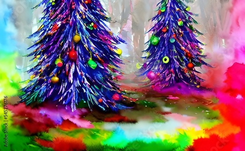 The picture is of a Christmas tree with sparkling lights on it. The background is a dark blue color, and the foreground is detailed with different colors to give the painting dimension. © dreamyart