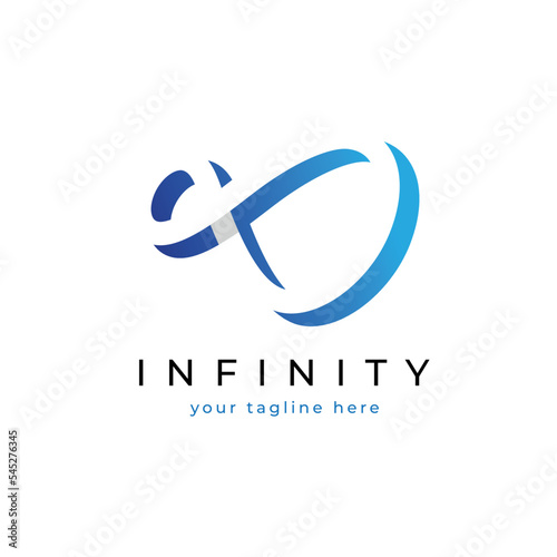 Modern logo with an infinity symbol in perspective and with a blue shadow.