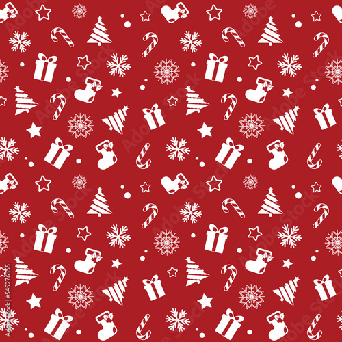 Christmas holiday. Seamless pattern and background. Vector red background with white Christmas trees, snowflakes, gifts, stars, candies and Christmas stocking.