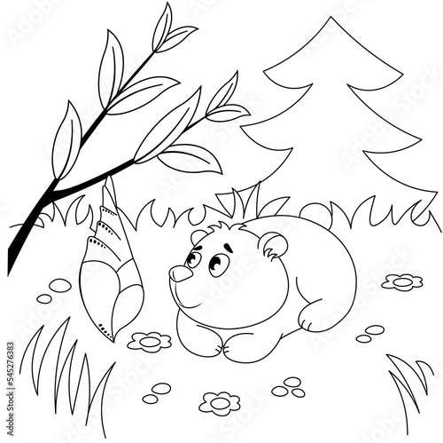 A cute little bear is watching a cocoon