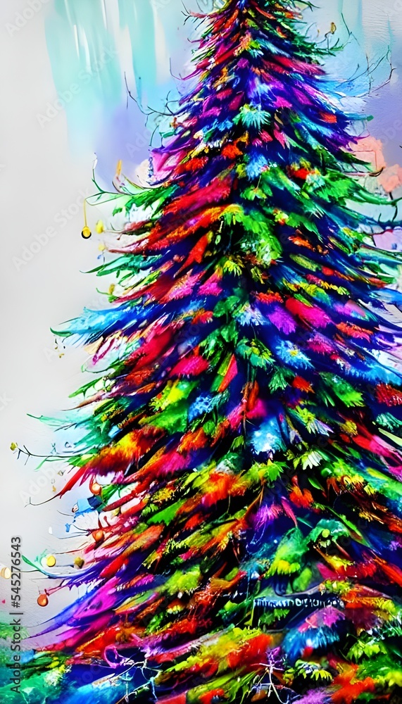 A Christmas tree is adorned with ornaments and garland in this watercolor painting. The bright colors of the decorations stand out against the green of the tree, and a red star shines at the top. A fi A Christmas tree is adorned with ornaments and garland in this watercolor painting. The bright colors of the decorations stand out against the green of the tree, and a red star shines at the top. A fi