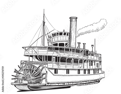 Retro steamship sketch hand drawn Vector illustration.