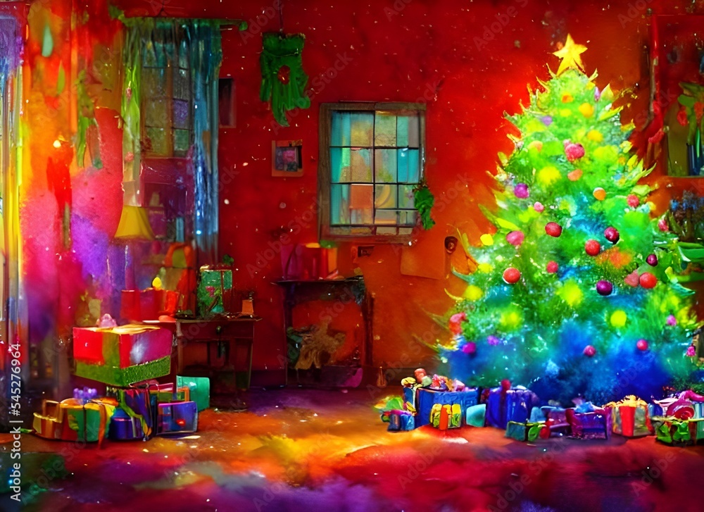 Obraz premium The painting is of a tall Christmas tree in the middle of a forest. The sun is shining through the trees and casting a beautiful light on the scene. The colors are very vibrant, and there is snow on t