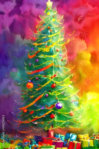 The painting is of a Christmas tree in watercolor. The tree is decorated with lights and ornaments, and there is a star on the top. The background is white.