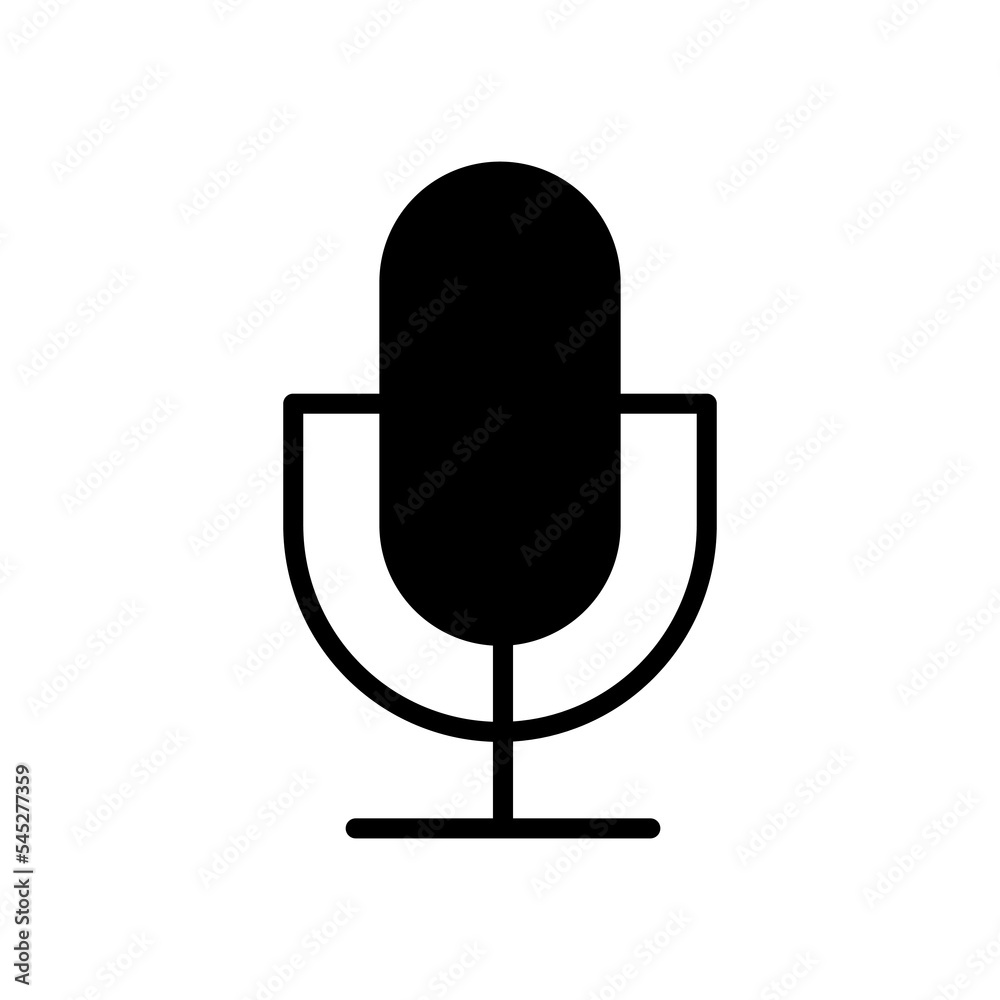 Black microphone on stand icon. Media performance podcast and sound recording equipment with music and concert vector broadcast effect Black microphone on stand icon. Media performance podcast and sound recording equipment with music and concert vector broadcast effect