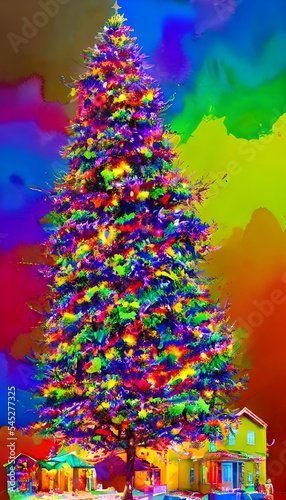 The watercolor painting shows a tall Christmas tree in the center, with red and green balls hanging from its branches. Around the tree are presents wrapped in brightly-colored paper, and lights twinkl © dreamyart