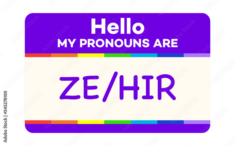 Pronouns badge ze hir modern cartoon style. Vector 10 eps