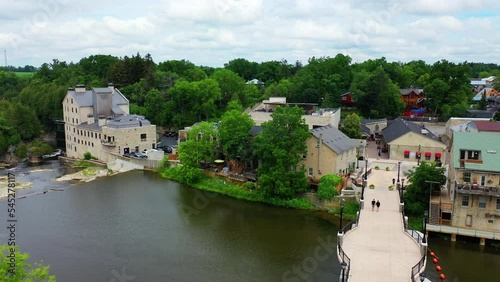 Aerial of the town of Elora, Ontario, Canada by river gorge 4K photo