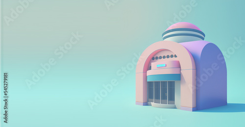 Funny, ultra soft Bank building isolated on pink background. Pastel colors. Colorful poster and banner. Cartoon minimal air style. 3D illustration photo