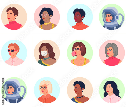 Fototapeta Naklejka Na Ścianę i Meble -  Big set of female round avatars in funky colourful style. Different young women portrait collection. Diverse people. 