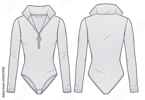 Long Sleeve Body technical fashion Illustration. Women's ribbed Bodysuit fashion flat technical drawing template, roll neck, zipper up, front and back view, white, CAD mockup.