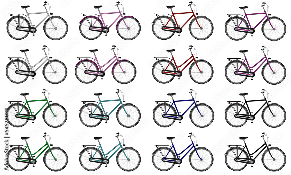 Set of colorful male and female bicycles - 3D render Set of colorful male and female bicycles - 3D render