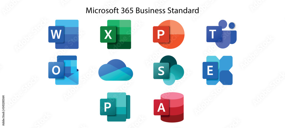 Set icons Microsoft Office 365, Microsoft 365 business standard  applications:excel,word, Sway, PowerPoint, Access, Outlook, Publisher,  SharePoint, One on transparent background. PNG image Stock-Vektorgrafik |  Adobe Stock