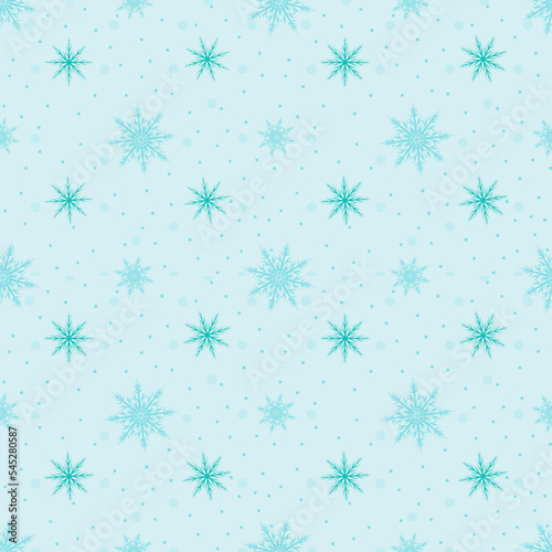 Vector pattern with snowflakes on a blue background. Seamless pattern for New Year and Christmas. Suitable for background and wrapping paper  fabric in winter version. Vintage decorative elements.