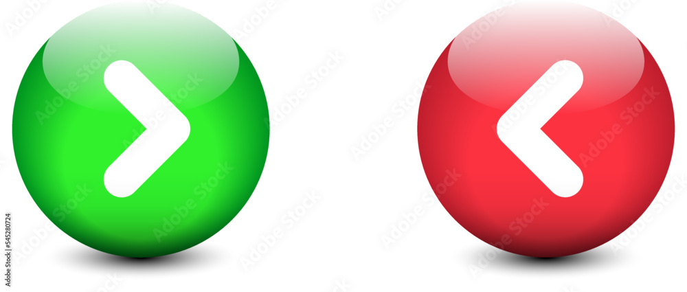 Colorful spheres with math symbols: less than and more than. Arrow buttons. Flat vector illustration. Colorful spheres with math symbols: less than and more than. Arrow buttons. Flat vector illustration.