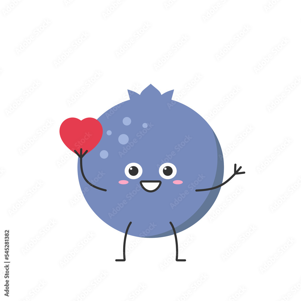 Blueberry love heart greet cute character cartoon delicious berry smile face kawaii joy happy cheerful emotions icon vector illustration.