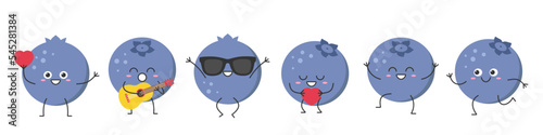 Blueberry set cute character cartoon delicious berry greet jump love run sing smile face cheerful kawaii joy happy emotions icon vector illustration.