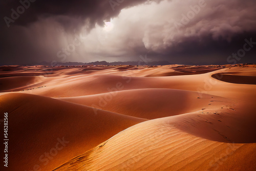 Landscape of a thunderstorm and rain on a sandy desert of the Sahara type. The meteorology of the dry zones of Africa is complex. Beautiful black clouds. 3D illustration. photo
