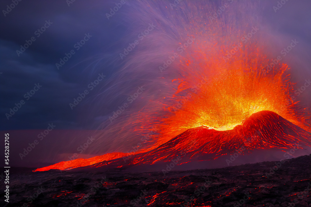 A dramatic eruption of a volcano occurred, with explosions, fiery clouds, and lava in the sky. 3D illustration.