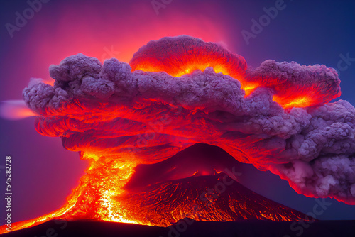 A spectacular eruption of a volcano was observed with explosions, fiery clouds, and slag in the sky. 3D illustration.