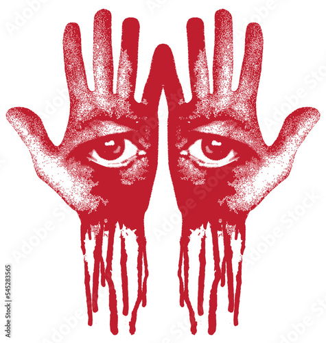 two human hands with eyes in the form of a face and drops of blood. Vector banner on the theme of occultism or alchemy with eyes on open palms