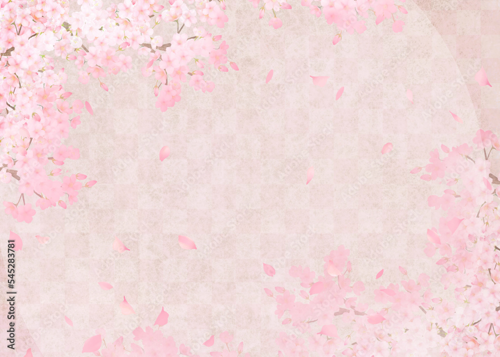 美しい桜ーピンク色ー市松模様ー和紙の壁紙ー豪華絢爛背景素材フレーム