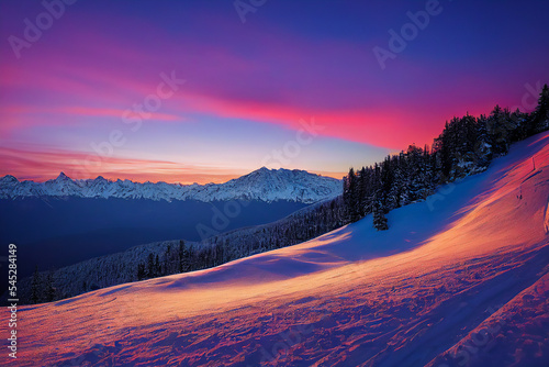 A tranquil winter landscape with a view of snow-capped mountains. The snow is everywhere, silently covering the trees in front of a colorful sunset. 3D illustration.