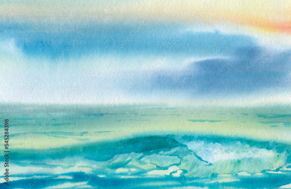 Abstract sea landscape. Watercolor sea with a wave in the foreground.