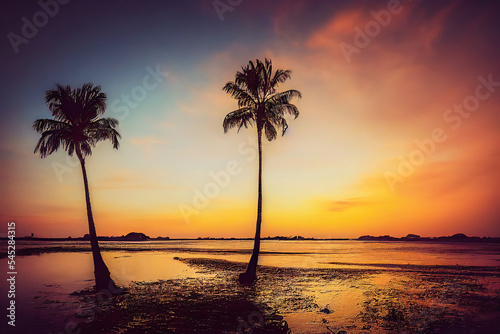 The idyllic landscape of beach and palm tree silhouette against a beautiful sunset is an invitation to travel to the tropics and the islands. 3D illustration.
