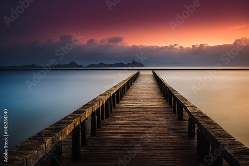 Landscape of sunset and ocean with an old wooden pontoon jutting out into the sea water. Dreamy scene inviting to rest, vacation and meditation. 3D illustration. © XaMaps