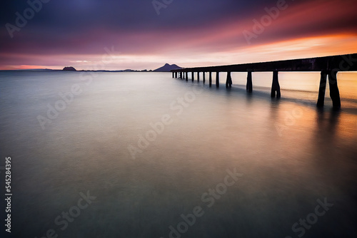 Fototapeta Naklejka Na Ścianę i Meble -  The bridge stretching across the ocean provides an amazing view of the sunset. It is a tranquil scene that invites relaxation and contemplation. 3D illustration.