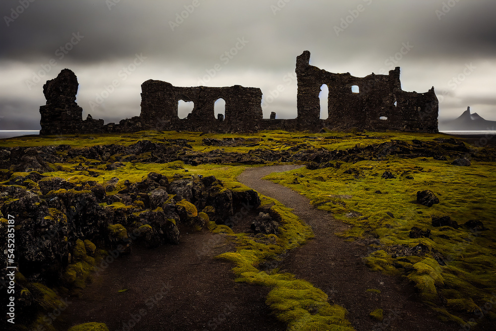 Obraz premium A Scottish castle by the sea ruins offer a feeling of escape and freedom in the north of Europe. The rocks and walls are old and cold, but the landscape gives a sense of hope. 3D illustration.