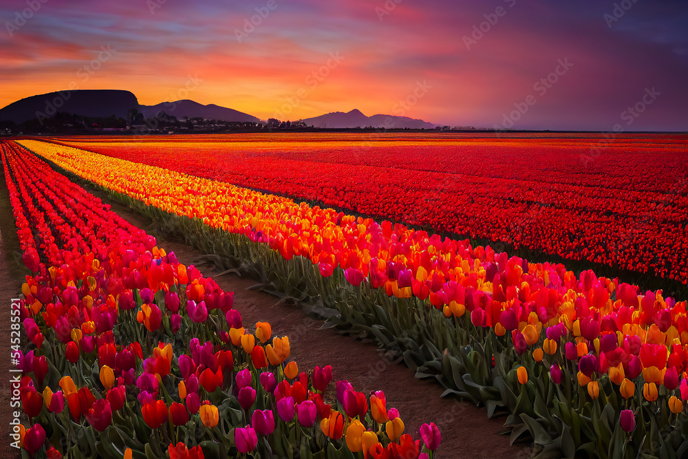 A colorful landscape of a typical Dutch tulip culture is displayed under a sunny layer. The beautiful light shines on the alternating colors of the flowers. 3D illustration.