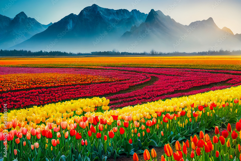 A beautiful landscape of tulips occurs under a sunny layer and a mountain. The vibrant colors of the flowers are sharply contrasted against the dark background, giving the image a 3D feel. A beautiful landscape of tulips occurs under a sunny layer and a mountain. The vibrant colors of the flowers are sharply contrasted against the dark background, giving the image a 3D feel.