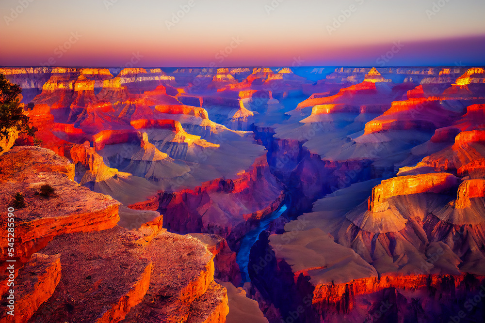 Spectacular landscape recreated in 3d of a large canyon and the river that flows through it. Sunset with blue and red tones on the desert shapes.
