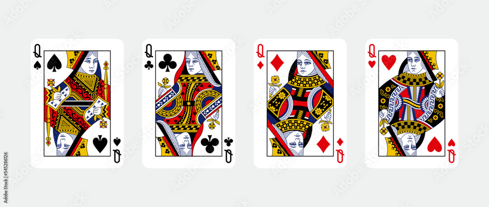 Four queen in a row - Playing Cards, Isolated on white