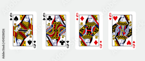 Four queen in a row - Playing Cards, Isolated on white photo